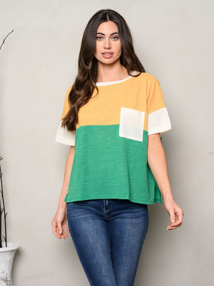WOMEN'S SHORT SLEEVE FRONT POCKET COLORBLOCK TOP