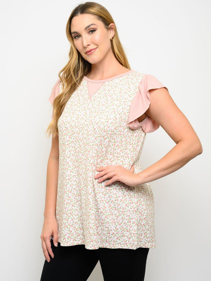 PLUS SIZE RUFFLE SHORT SLEEVE FLORAL TOP
