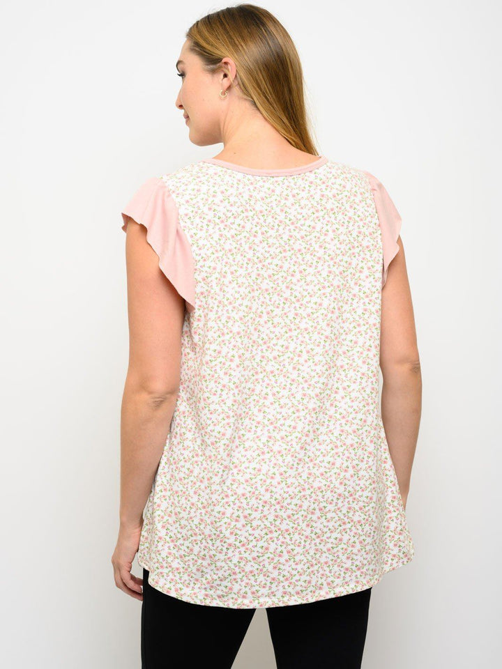 PLUS SIZE RUFFLE SHORT SLEEVE FLORAL TOP