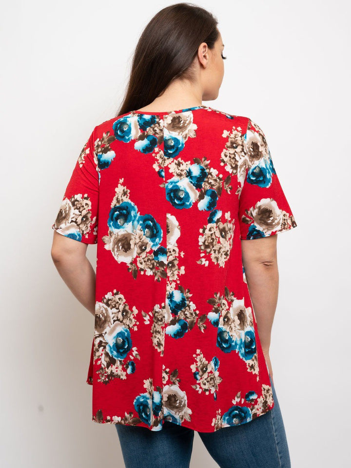 PLUS SIZE FLORAL FRONT LACE UP TUNIC TOP