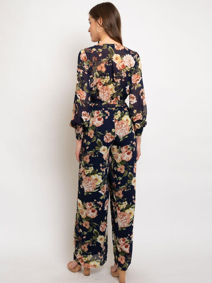 WOMEN'S LONG SLEEVE FLORAL FRONT TIE JUMPSUIT