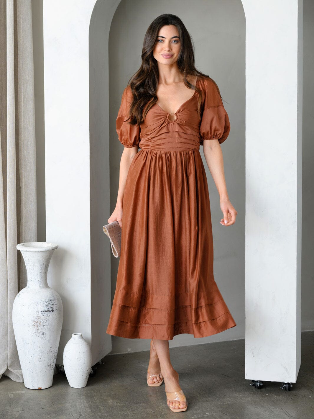 WOMEN'S SHORT PUFF SLEEVE SMOCK MIDI DRESS