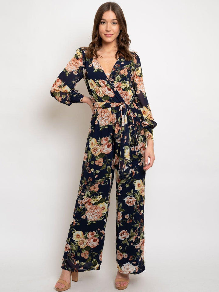 WOMEN'S LONG SLEEVE FLORAL FRONT TIE JUMPSUIT