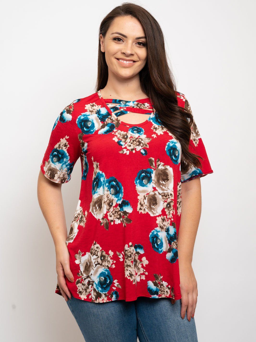 PLUS SIZE FLORAL FRONT LACE UP TUNIC TOP