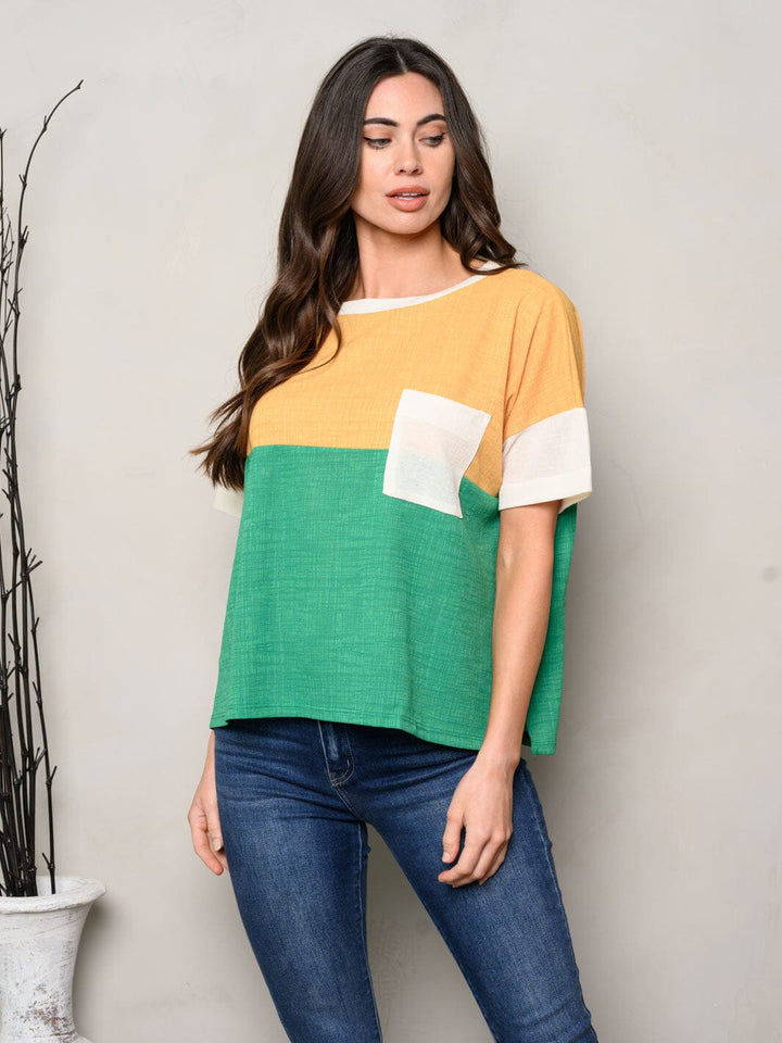 WOMEN'S SHORT SLEEVE FRONT POCKET COLORBLOCK TOP