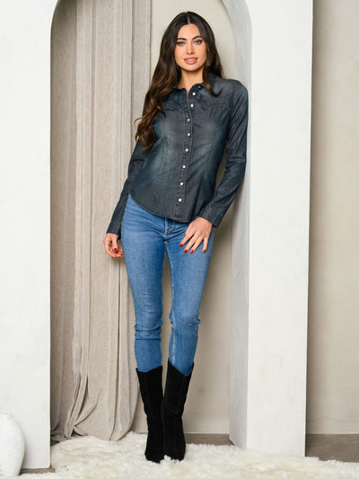WOMEN'S LONG SLEEVE BUTTON UP WASHED CHAMBRAY TOP