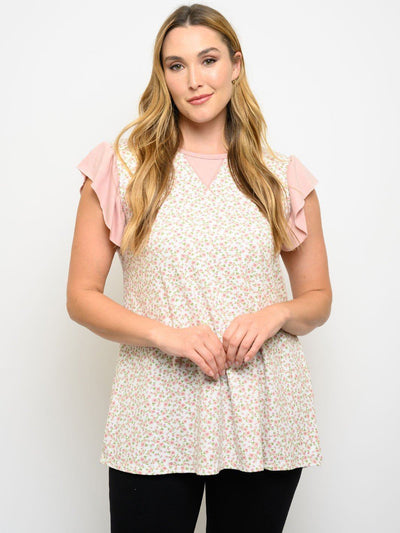 PLUS SIZE RUFFLE SHORT SLEEVE FLORAL TOP
