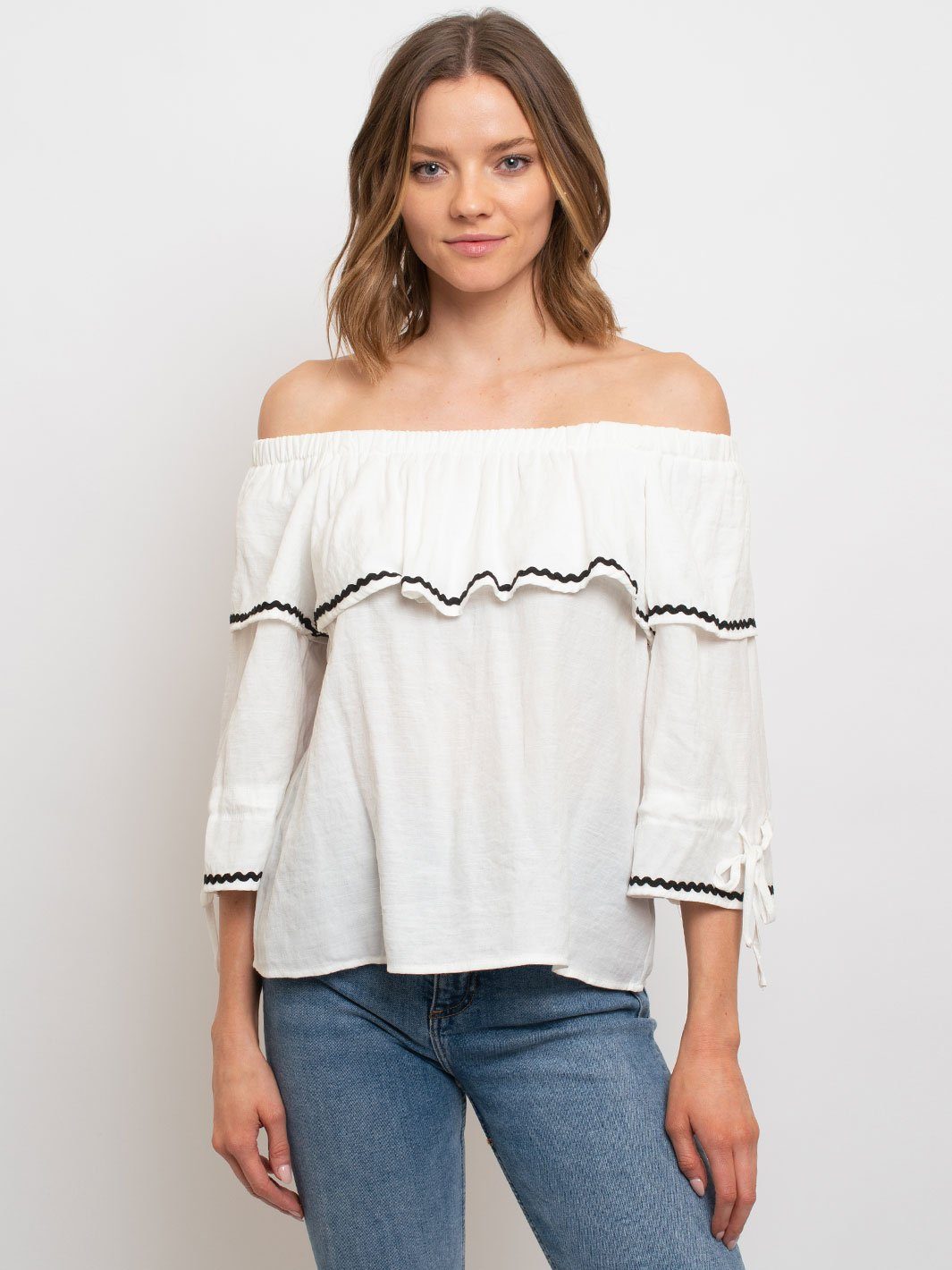 WOMEN'S WOVEN OFF SHOULDER TOP