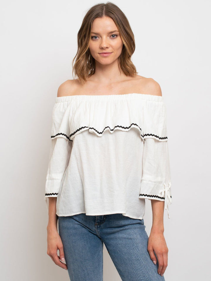 WOMEN'S WOVEN OFF SHOULDER TOP