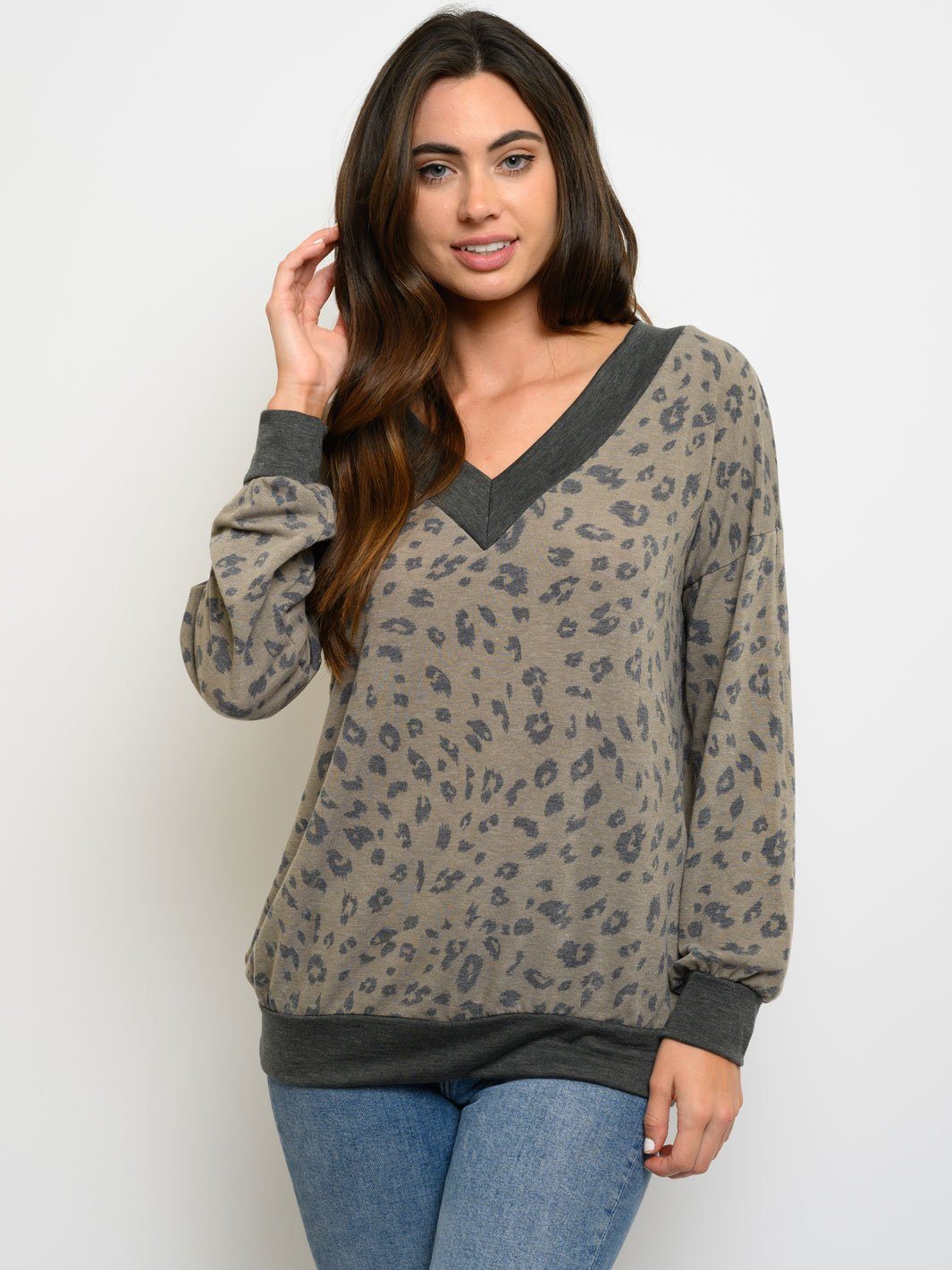 WOMEN'S LONG SLEEVE ANIMAL PRINT V-NECK TOP
