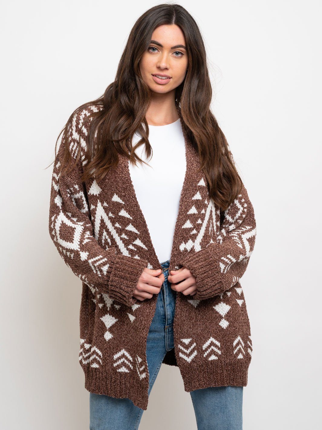WOMEN'S BROWN WHITE OPEN CARDIGAN