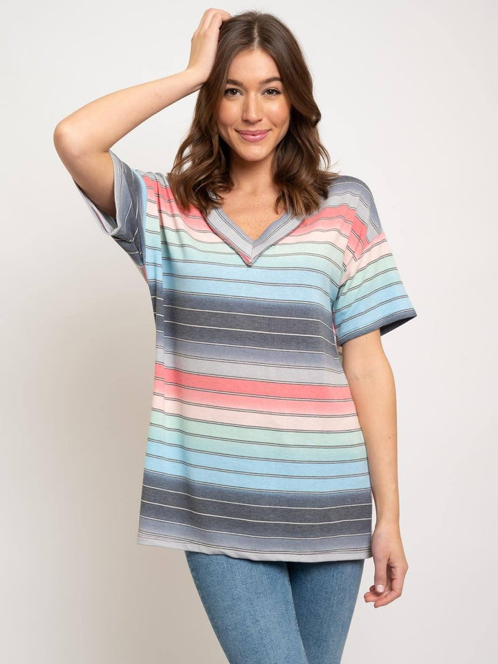 WOMEN'S MULTI STRIPES V-NECK TOP