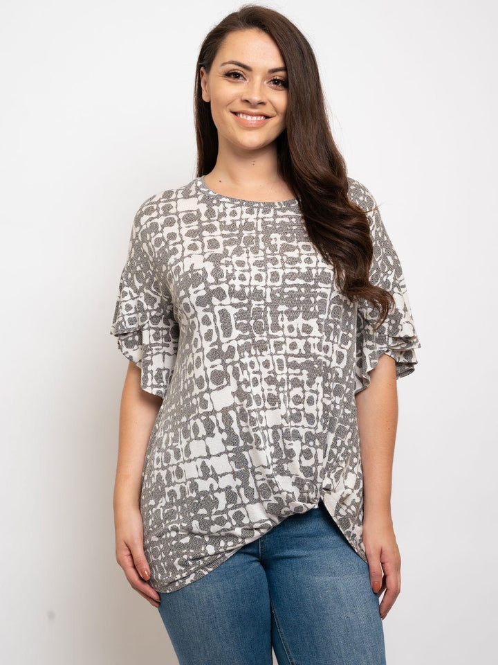PLUS SIZE FRONT KNOT RUFFLE SLEEVES TOP