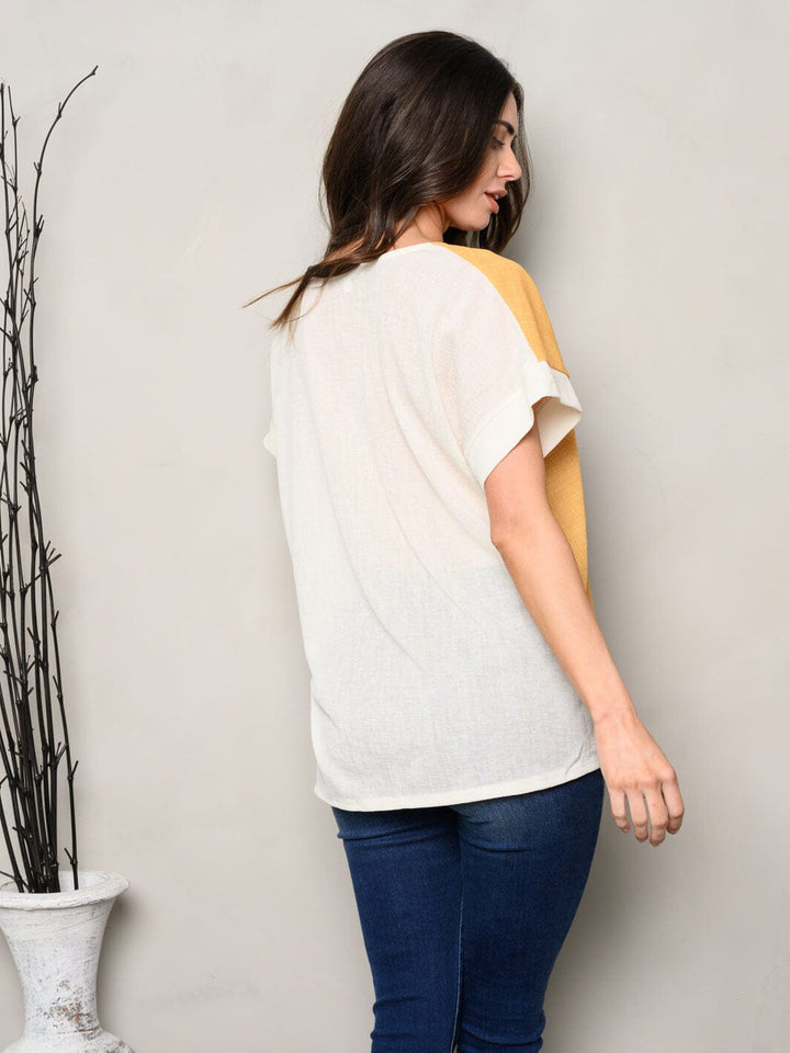 WOMEN'S SHORT SLEEVE V-NECK FRONT POCKET COLORBLOCK TOP