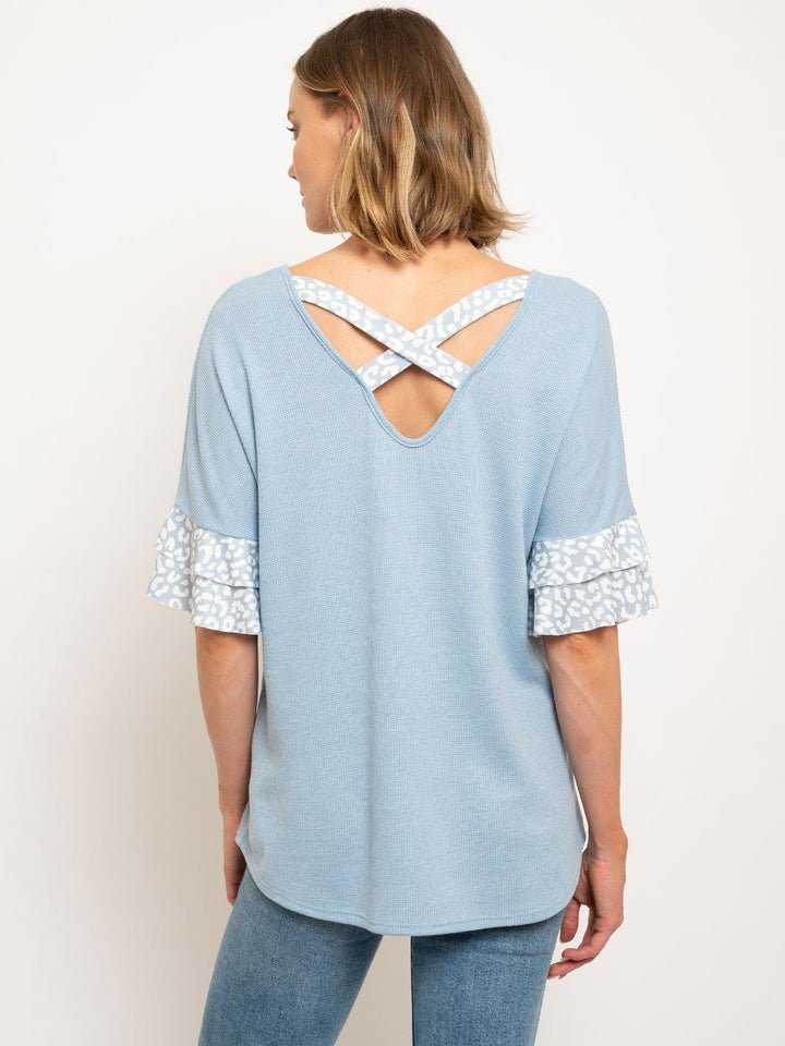 WOMEN'S LEOPARD RUFFLE SLEEVES CROSS BACK TUNIC TOP