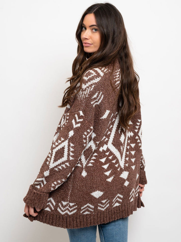 WOMEN'S BROWN WHITE OPEN CARDIGAN