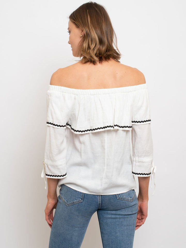 WOMEN'S WOVEN OFF SHOULDER TOP