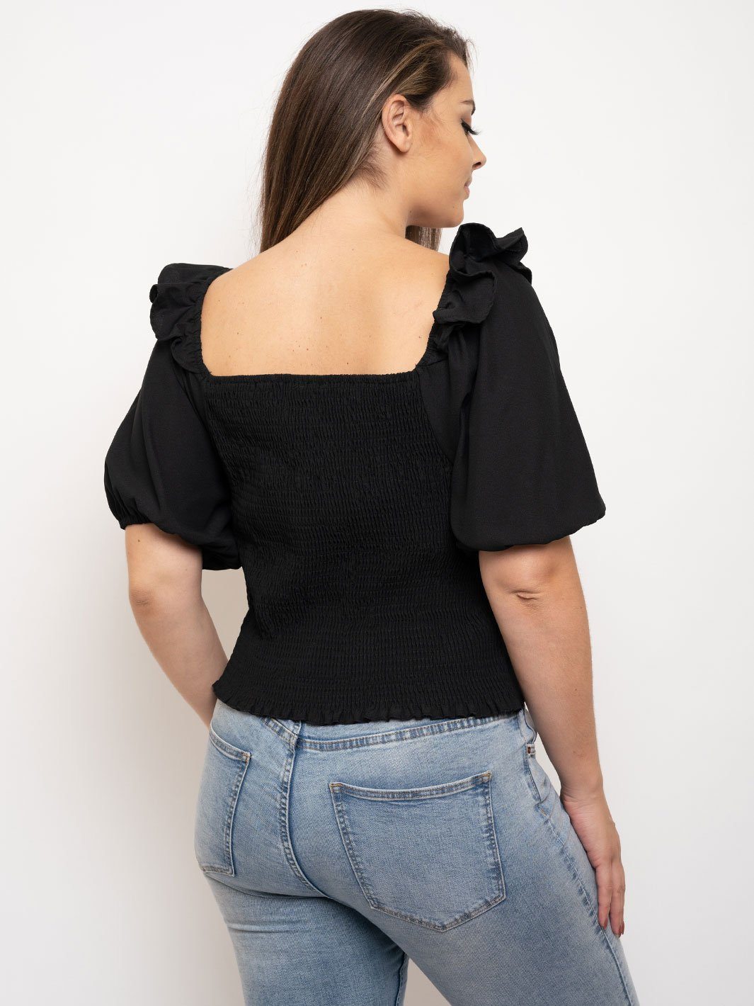 PLUS SIZE RUFFLE 3/4 SLEEVES LACE UP TOP