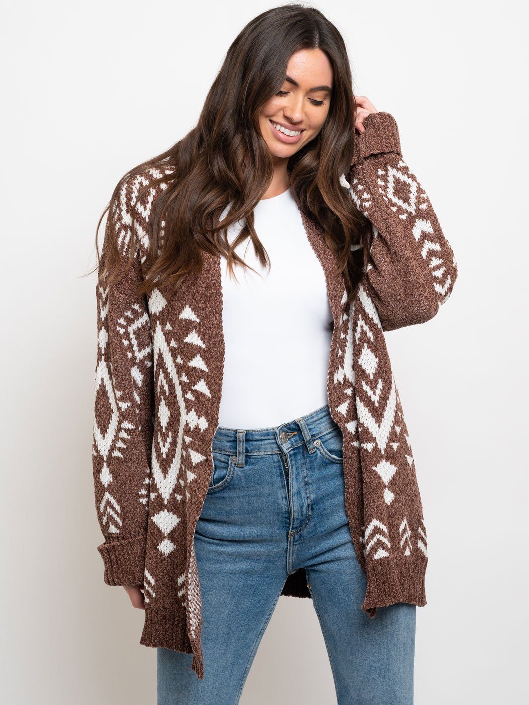 WOMEN'S BROWN WHITE OPEN CARDIGAN