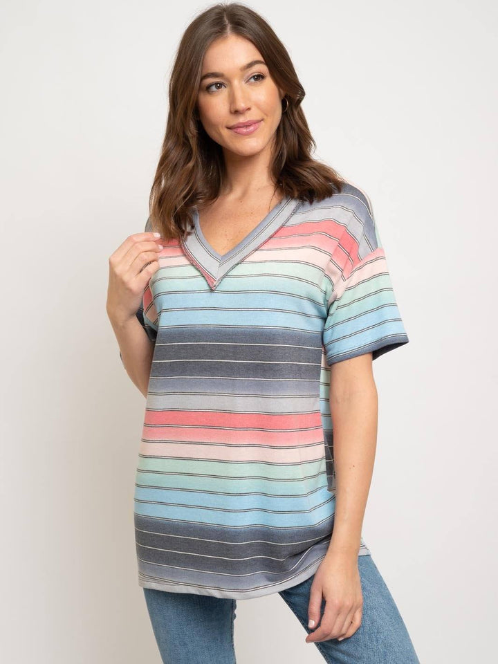 WOMEN'S MULTI STRIPES V-NECK TOP