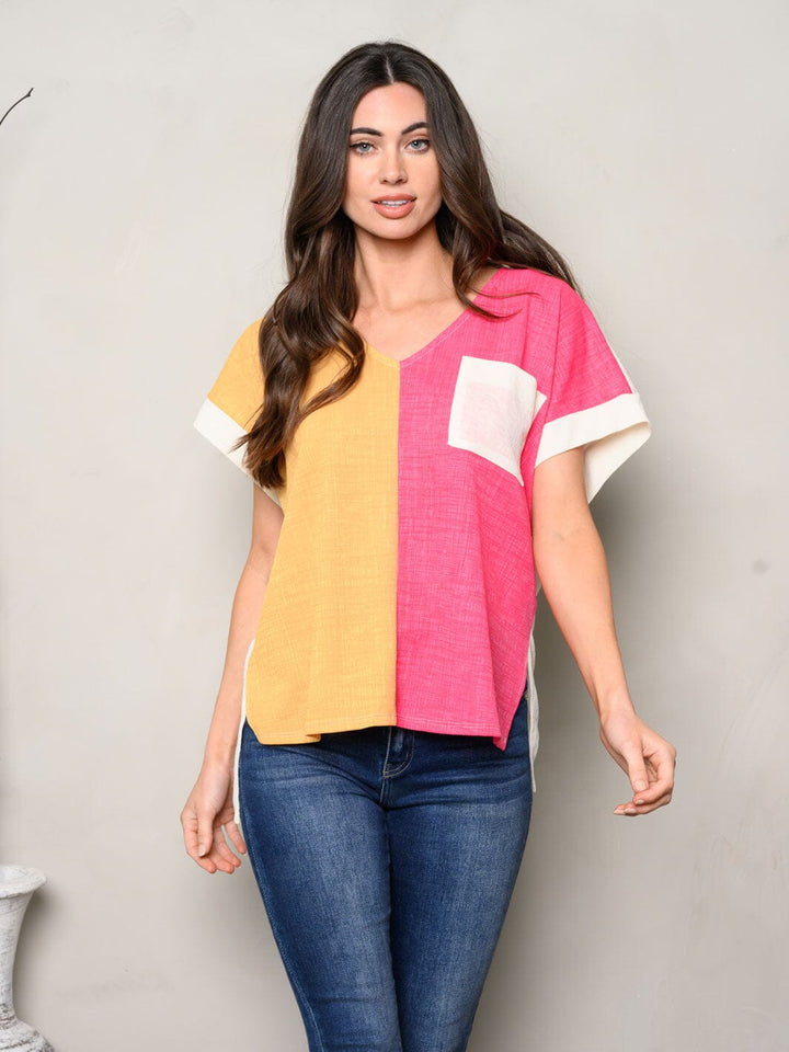 WOMEN'S SHORT SLEEVE V-NECK FRONT POCKET COLORBLOCK TOP