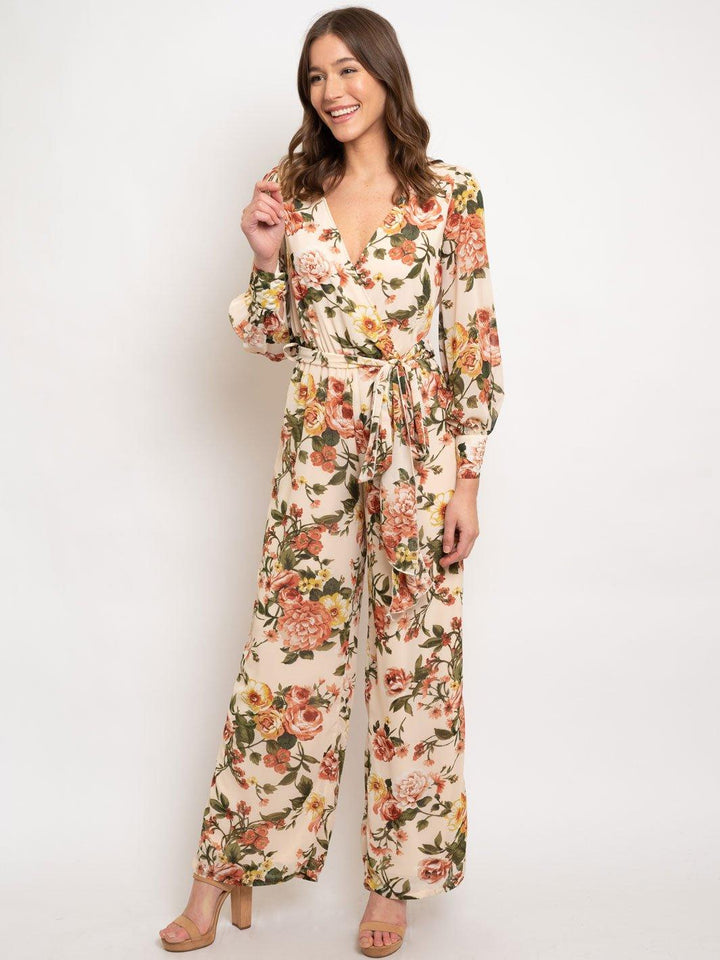 WOMEN'S LONG SLEEVE FLORAL FRONT TIE JUMPSUIT