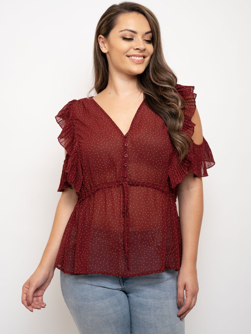 PLUS SIZE COLD SHOULDER PLEATED RUFFLE TOP