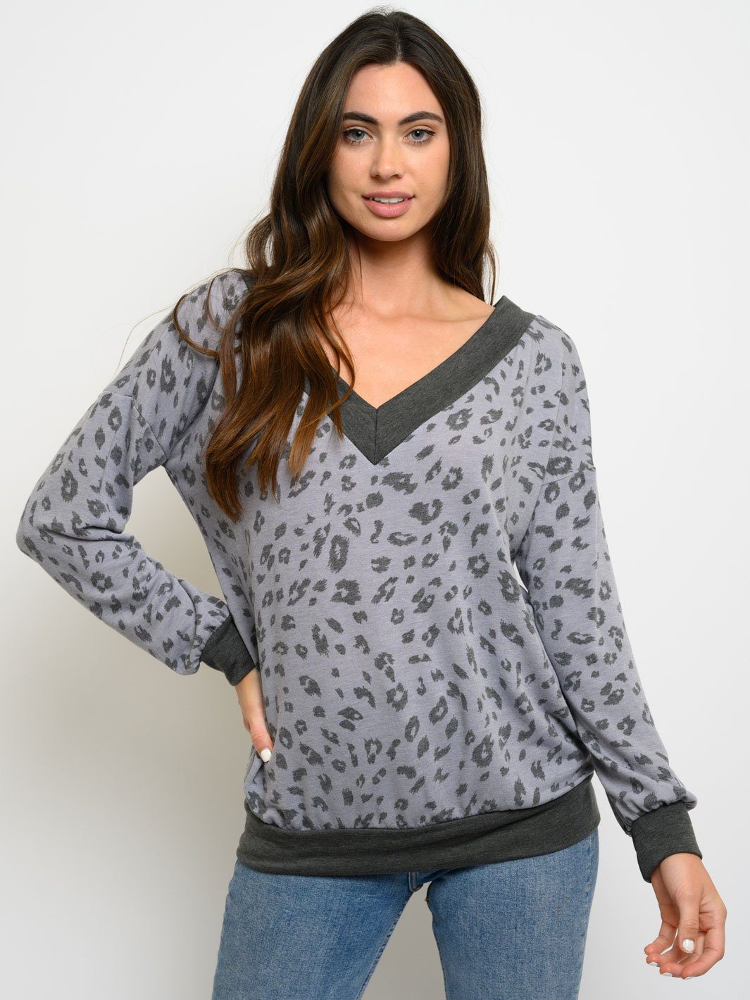 WOMEN'S LONG SLEEVE ANIMAL PRINT V-NECK TOP