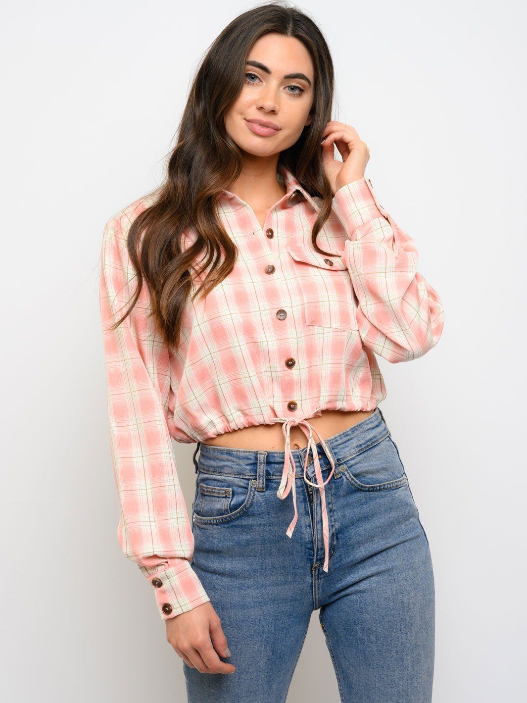 WOMEN'S LONG SLEEVE PLAID CROP TOP
