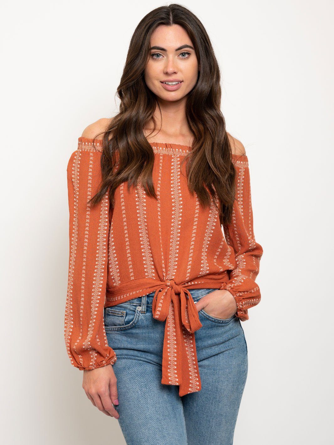 WOMEN'S OFF SHOULDER FRONT TIE LONG SLEEVE TOP