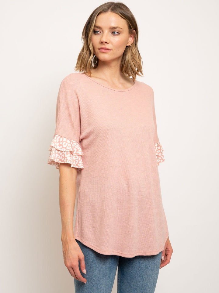 WOMEN'S LEOPARD RUFFLE SLEEVES CROSS BACK TUNIC TOP