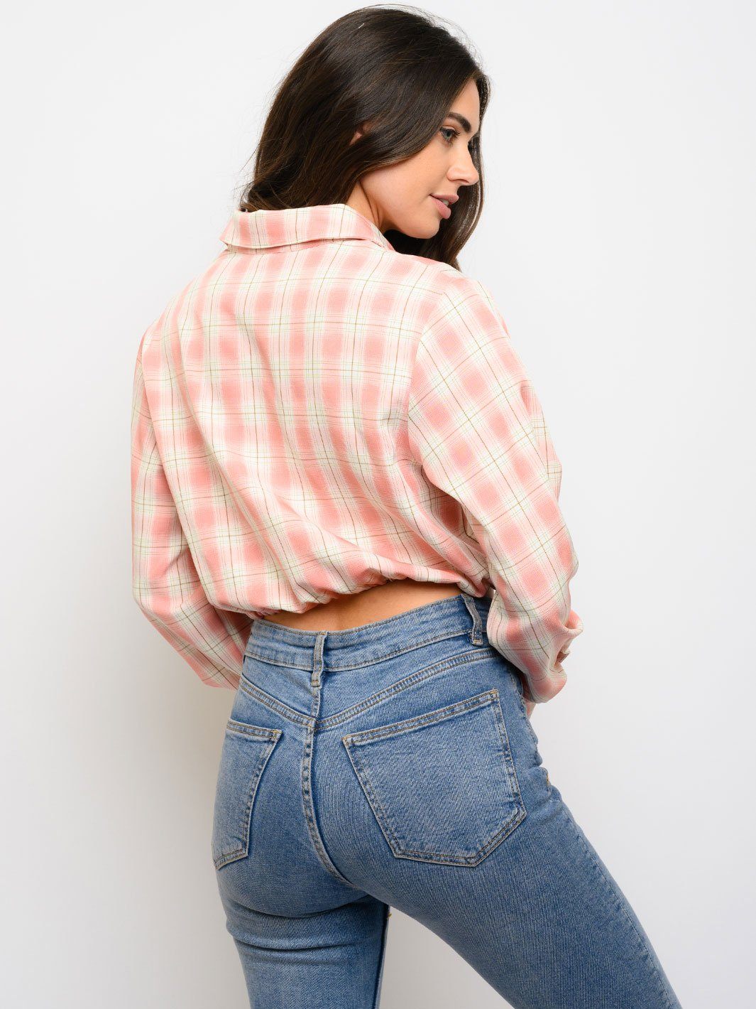WOMEN'S LONG SLEEVE PLAID CROP TOP
