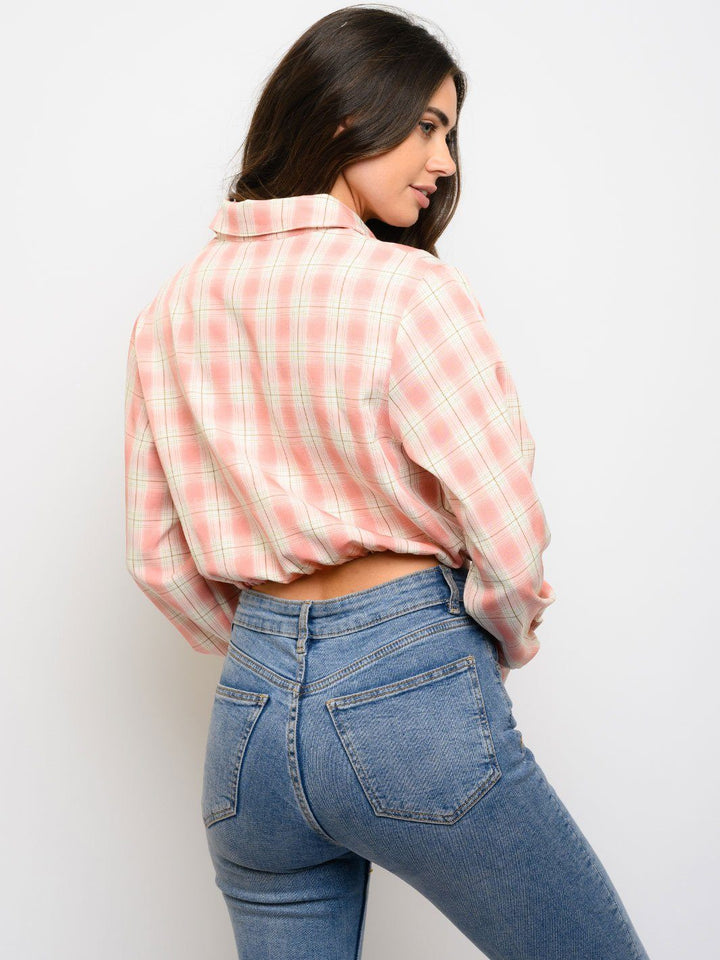 WOMEN'S LONG SLEEVE PLAID CROP TOP