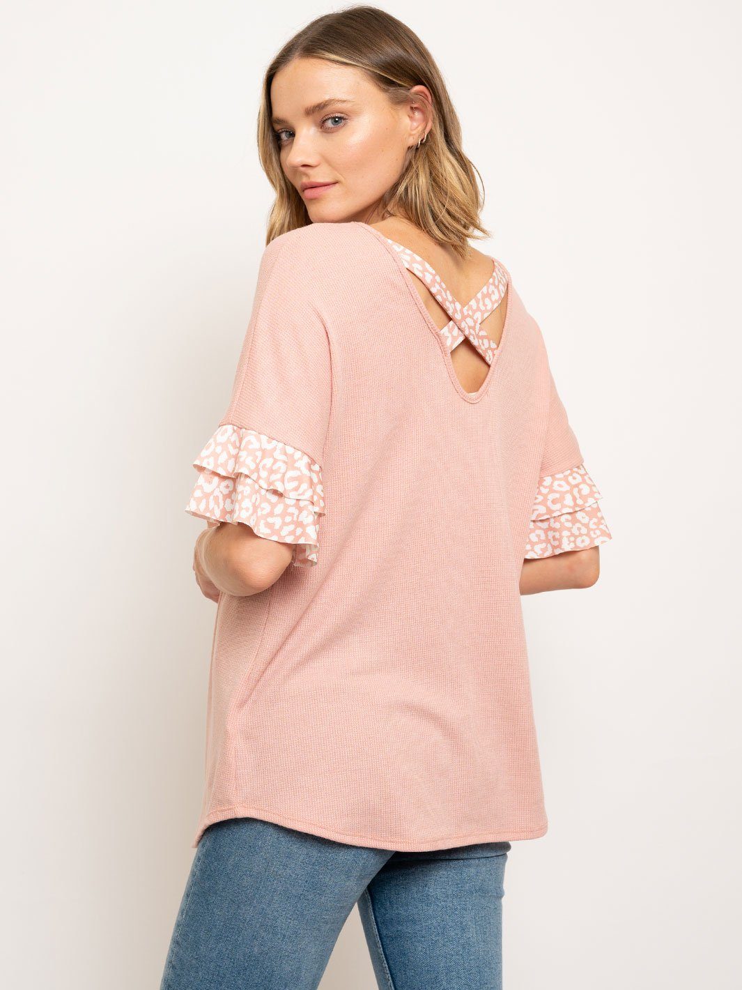 WOMEN'S LEOPARD RUFFLE SLEEVES CROSS BACK TUNIC TOP
