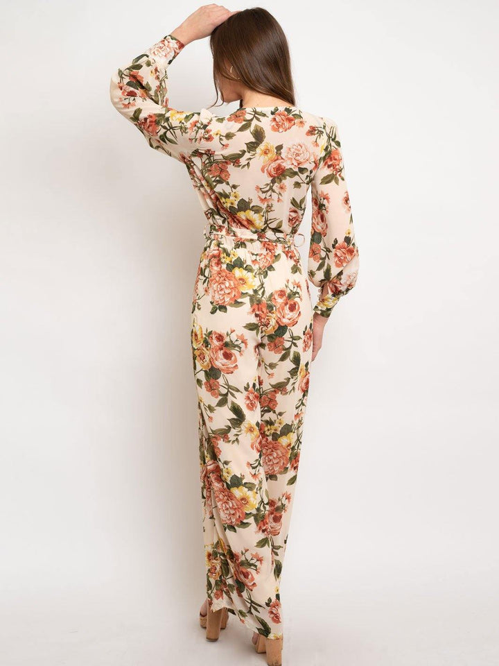 WOMEN'S LONG SLEEVE FLORAL FRONT TIE JUMPSUIT