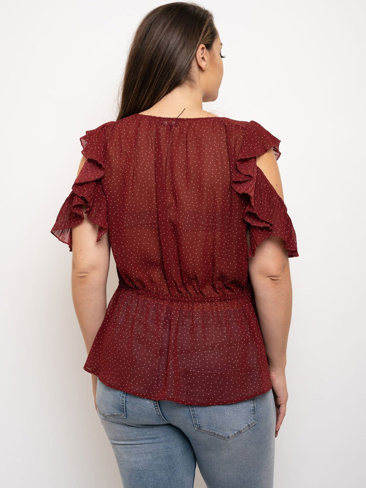 PLUS SIZE COLD SHOULDER PLEATED RUFFLE TOP