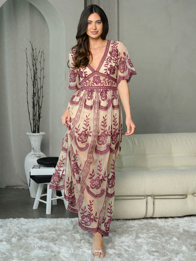WOMEN'S SHORT SLEEVE V-NECK ALL OVER LACE MAXI DRESS