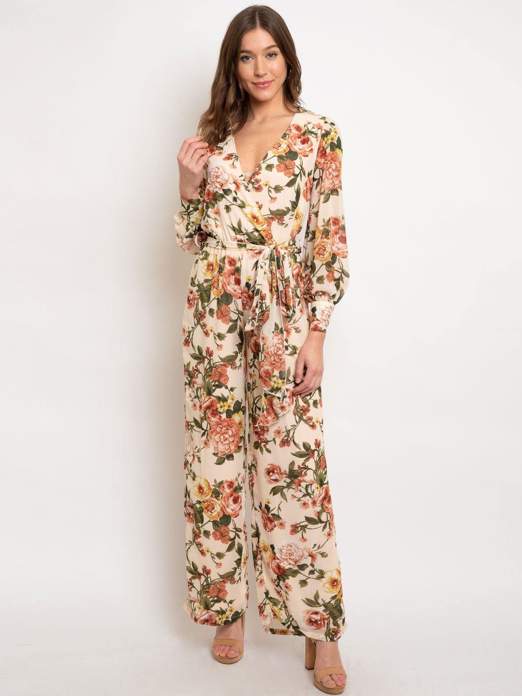WOMEN'S LONG SLEEVE FLORAL FRONT TIE JUMPSUIT
