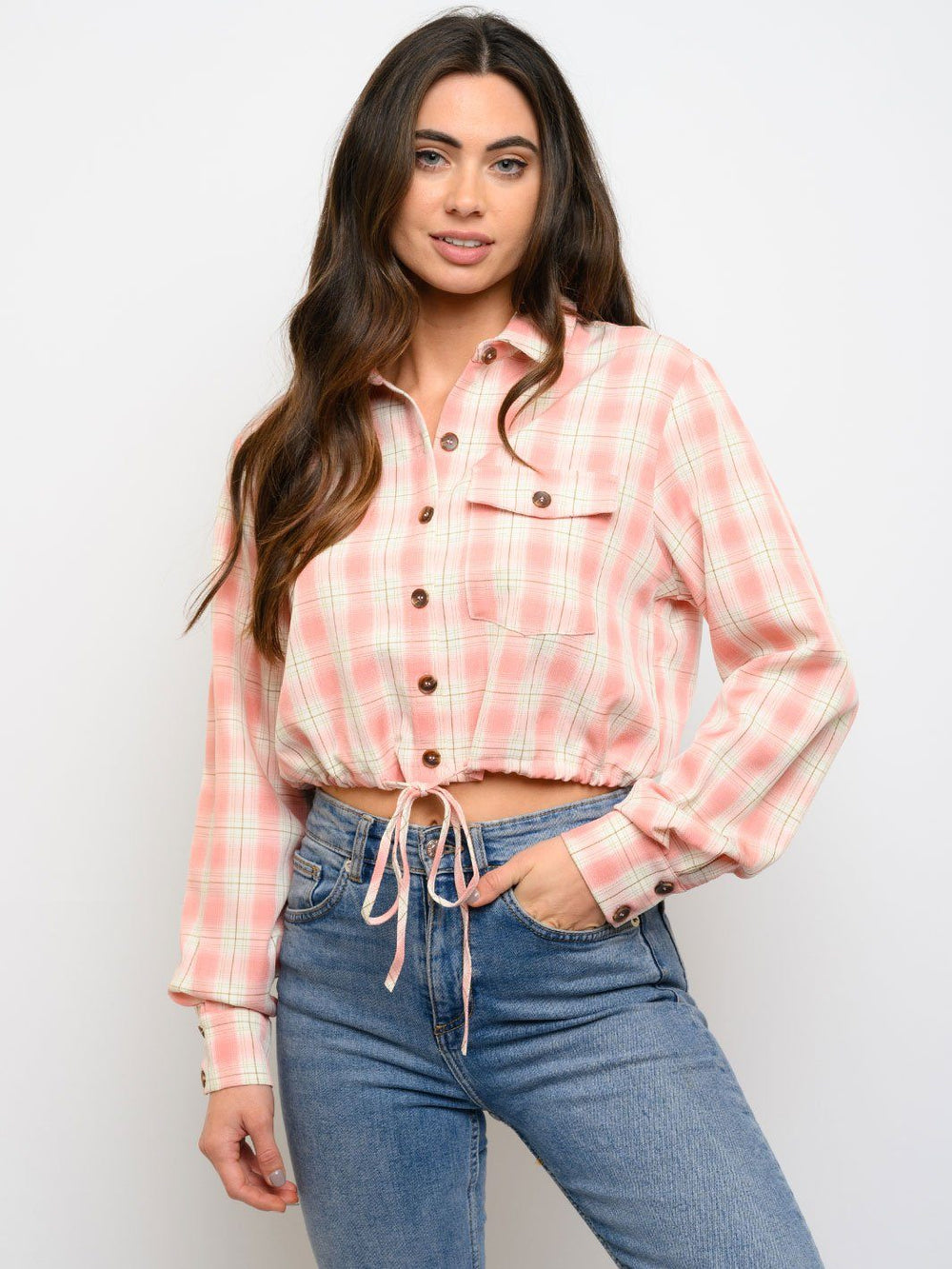 WOMEN'S LONG SLEEVE PLAID CROP TOP