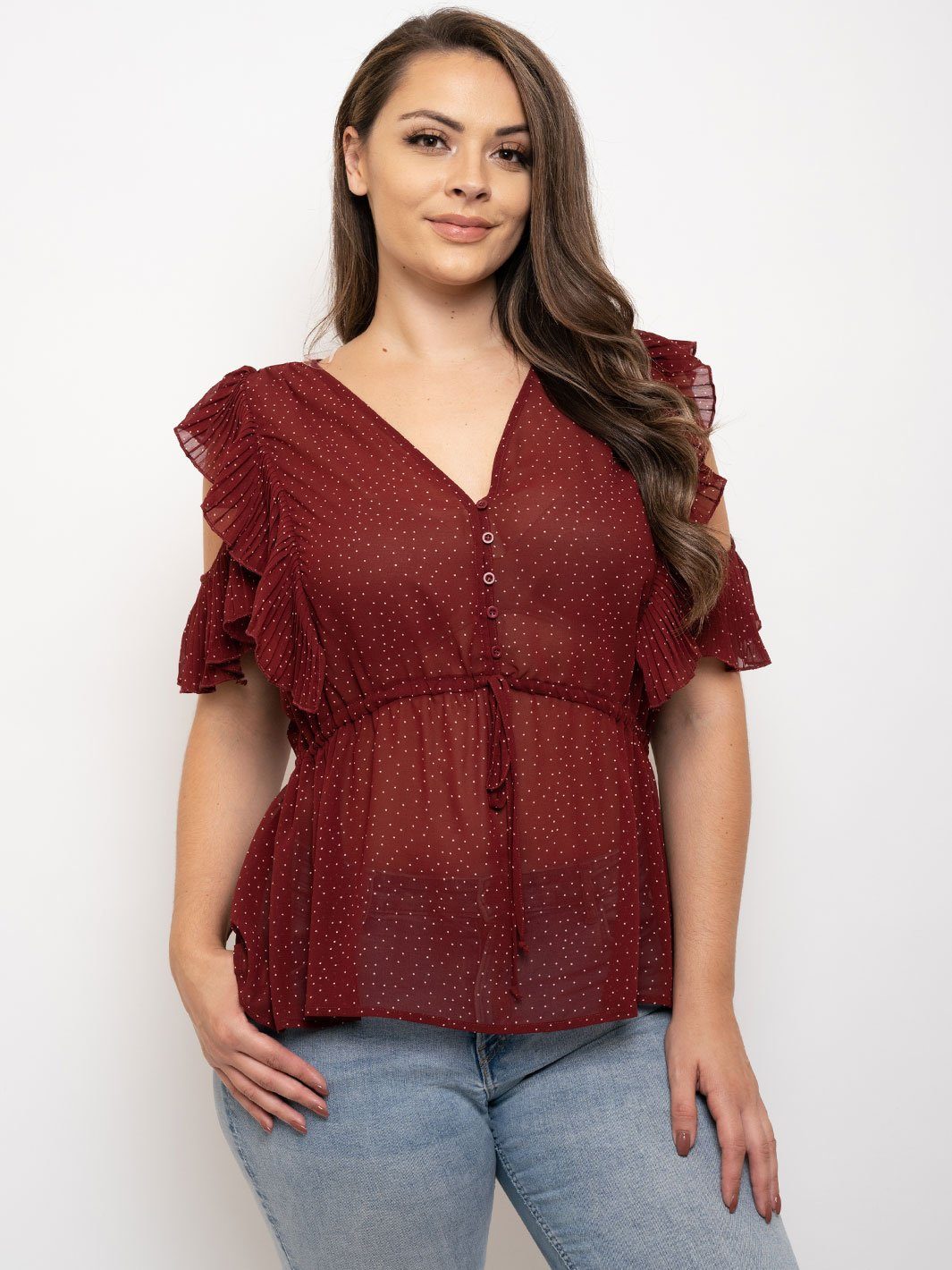 PLUS SIZE COLD SHOULDER PLEATED RUFFLE TOP