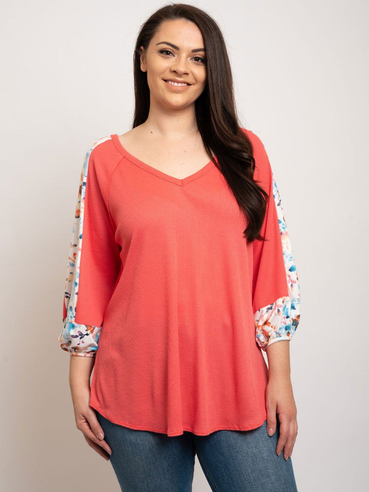 PLUS SIZE FLORAL PRINT 3/4 SLEEVES TOP
