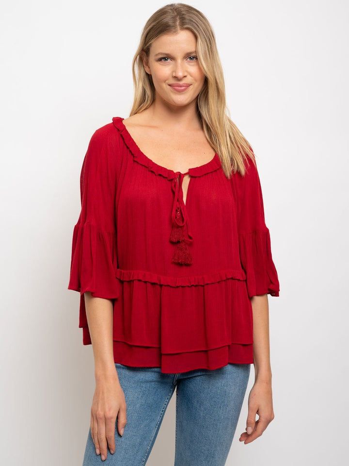 WOMEN'S RUFFLE TESSEL DETAIL TOP
