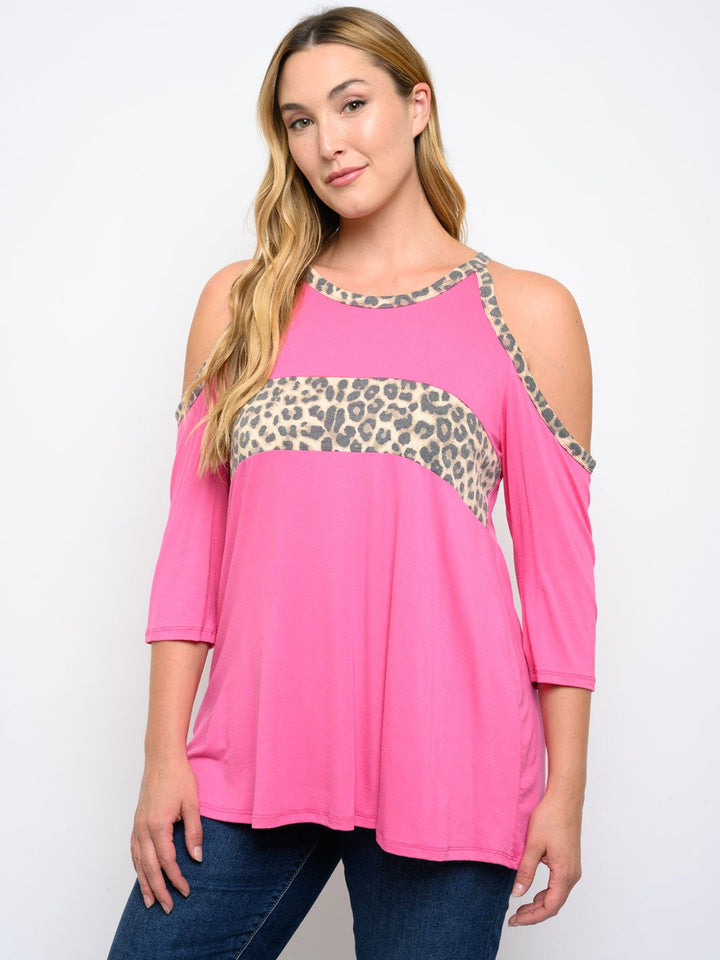 PLUS SIZE COLD SHOULDER ANIMAL PRINT TOP