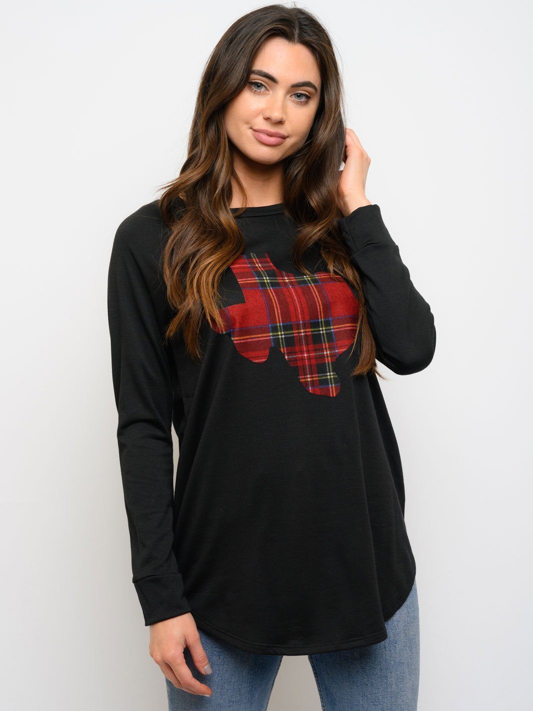 WOMEN'S TEXAS PLAID DETAIL TERRY ROUND NECK TOP