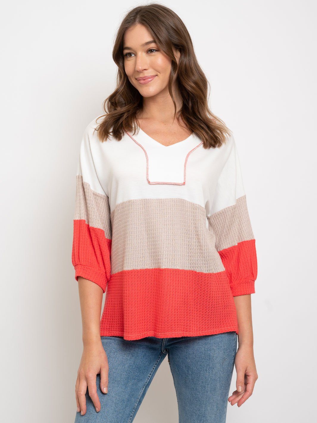 WOMEN'S COLOR BLOCK 3/4 SLEEVE TOP