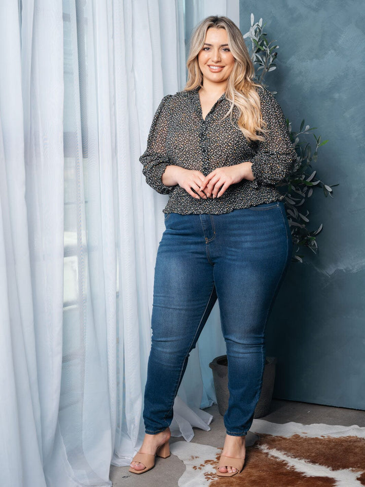 PLUS SIZE 3/4 SLEEVES BUTTON UP SMOCK FLORAL TOP