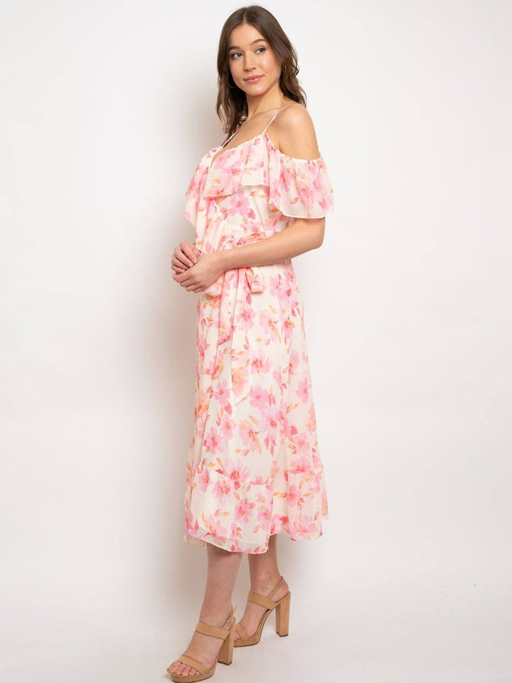 WOMEN'S FLORAL RUFFLE OFF SHOULDER WRAP DRESS