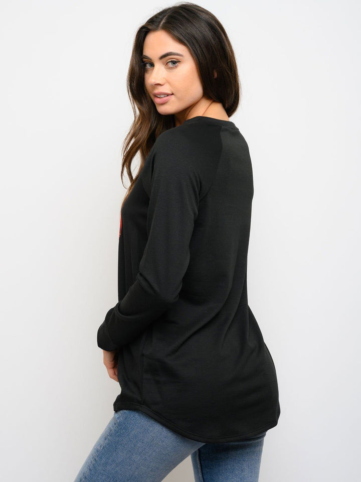 WOMEN'S TEXAS PLAID DETAIL TERRY ROUND NECK TOP