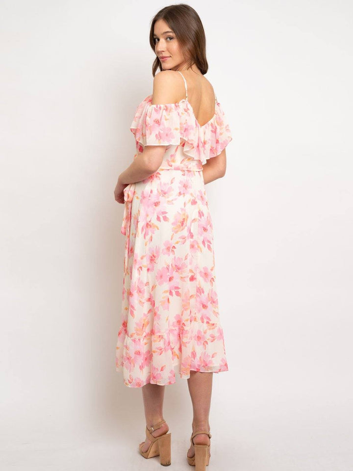 WOMEN'S FLORAL RUFFLE OFF SHOULDER WRAP DRESS