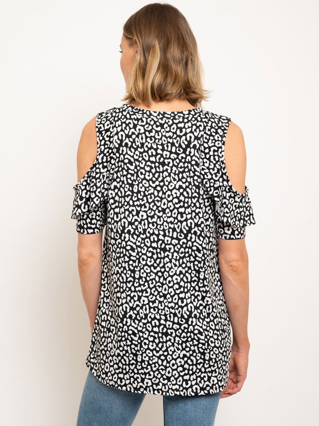 WOMEN'S LEOPARD PRINT TUNIC COLD SHOULDER RUFFLES TOP